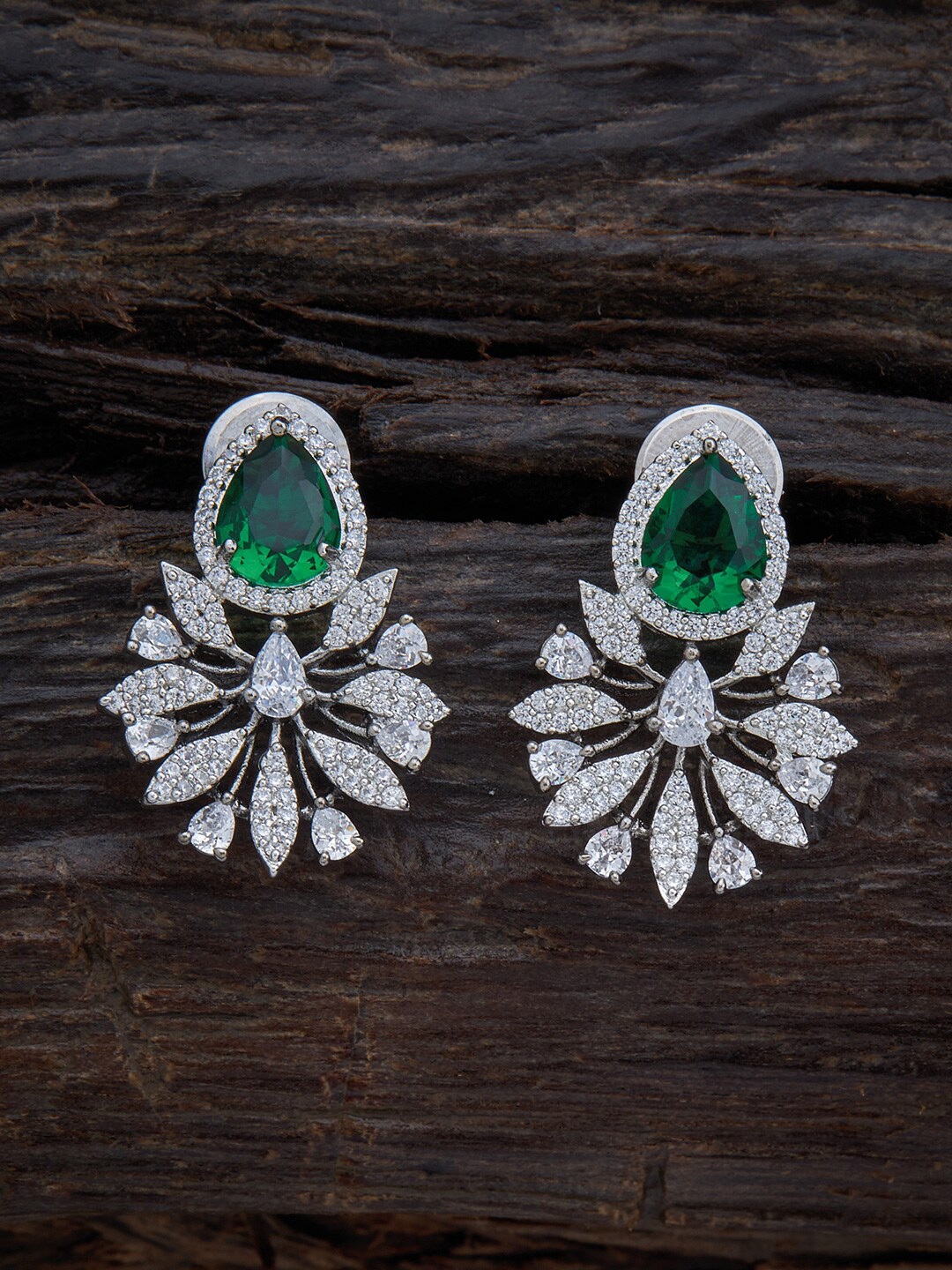 

Kushal's Green & Silver-Toned Rhodium Plated Floral Studs Earrings