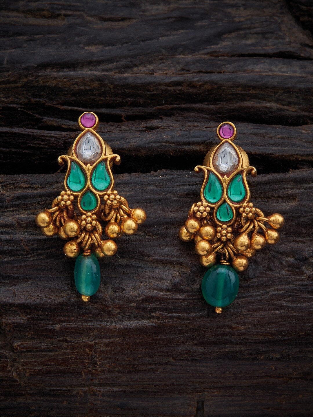 

Kushal's Green & Gold-Toned Gold Plated Floral Drop Earrings