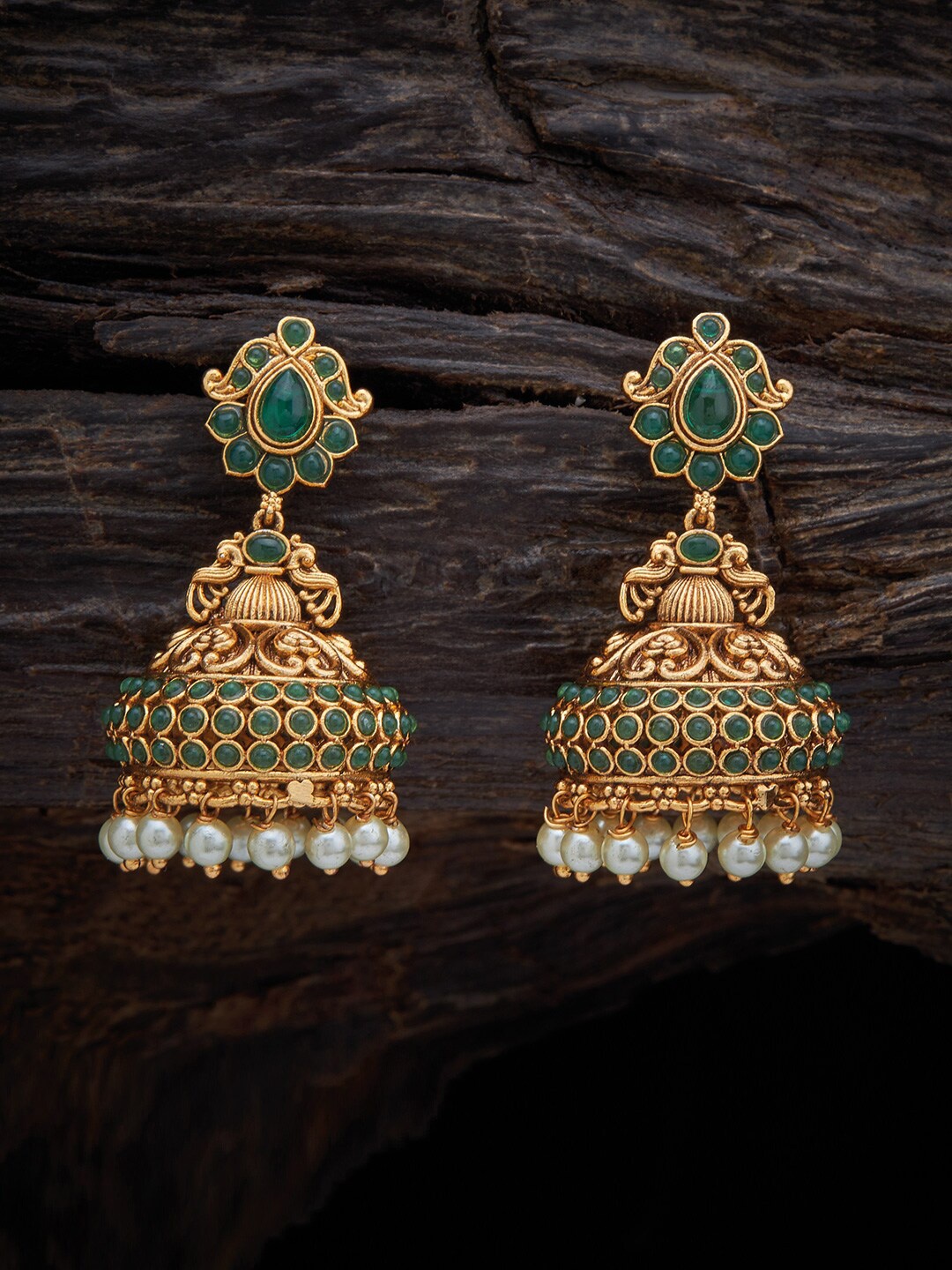 

Kushal's Fashion Jewellery Green & Gold-Toned Classic Jhumkas Earrings