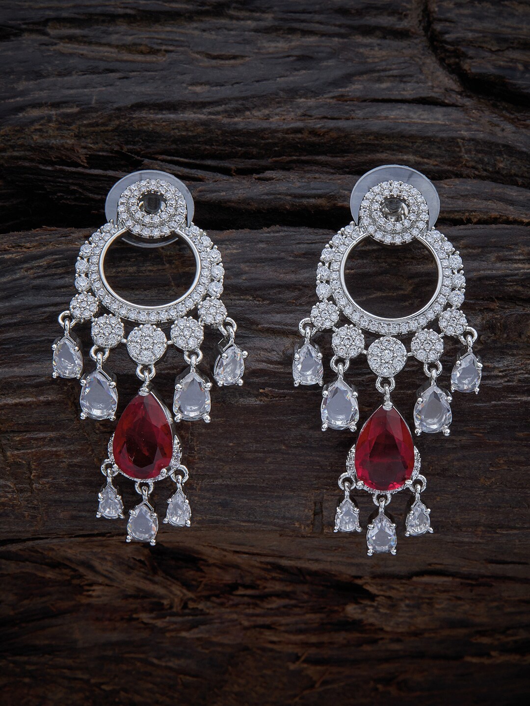 

Kushal's Fashion Jewellery Red & White Rhodium Plated Teardrop Shaped Drop Earrings