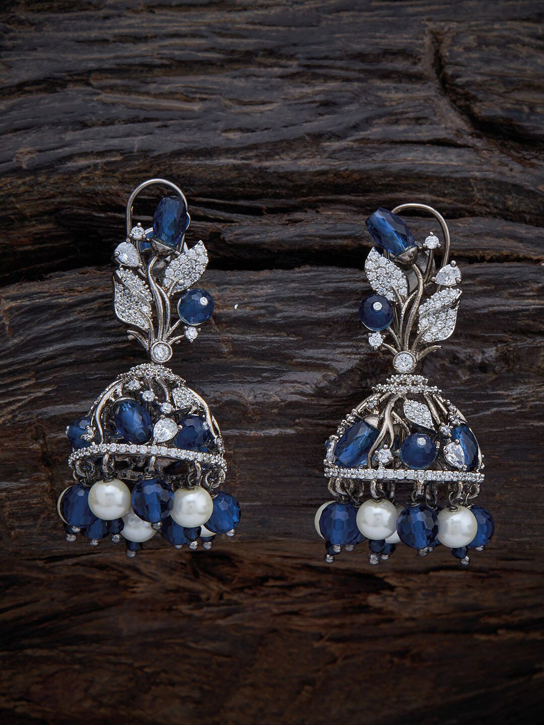 

Kushal's Fashion Jewellery Blue & White Rhodium Plated Floral Jhumkas Earrings