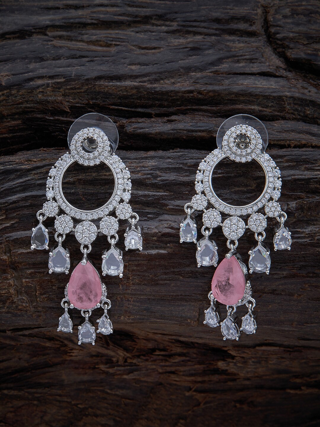 

Kushal's Fashion Jewellery White & Pink Rhodium-Plated Teardrop Shaped Drop Earrings