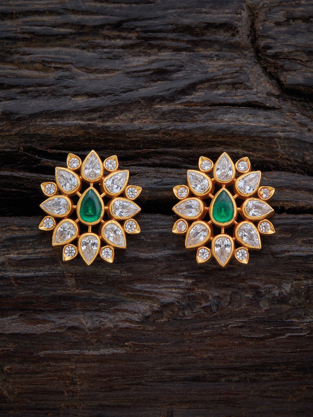 

Kushal's Fashion Jewellery 92.5 Pure Silver & Green Gold-Plated Floral Studs Earrings