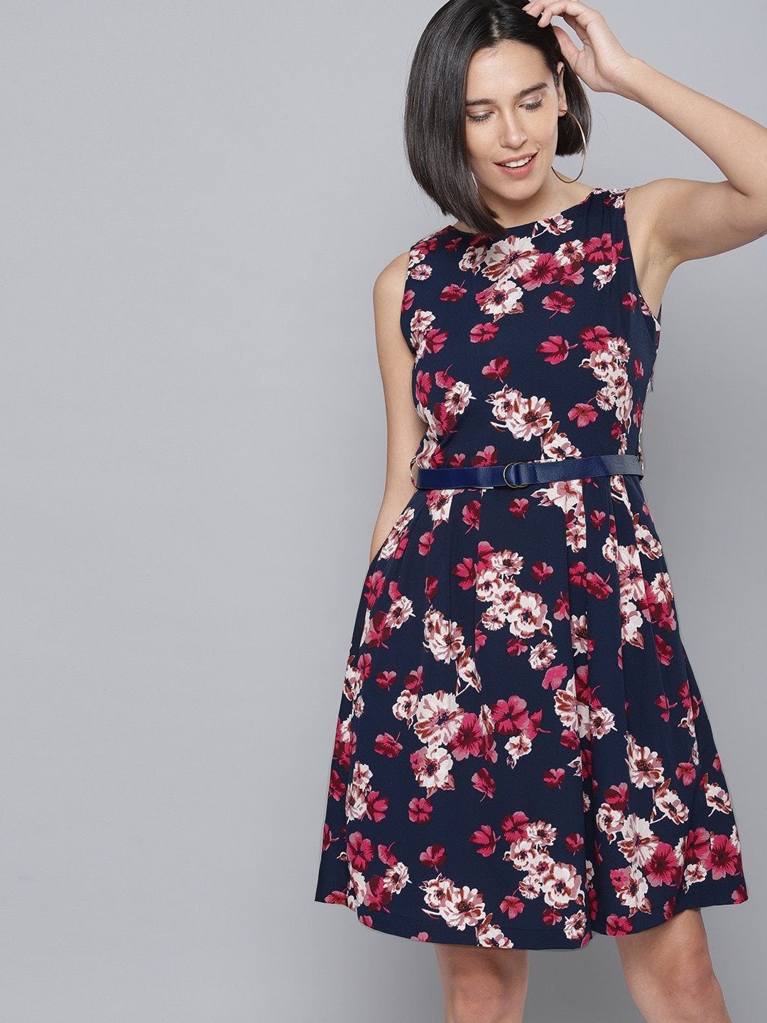 

Tokyo Talkies Women Navy & Pink Printed Fit & Flare Dress, Navy blue