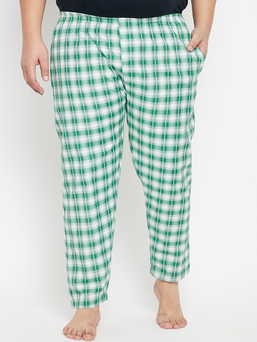 

bigbanana Radon Men Plus Size Green & White Checked Cotton Lounge Pant