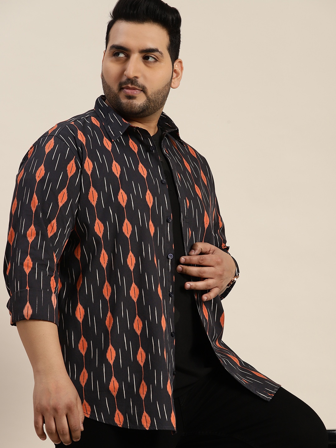 

Sztori Men Plus Size Pure Cotton Ethnic Motifs Printed Casual Shirt, Black