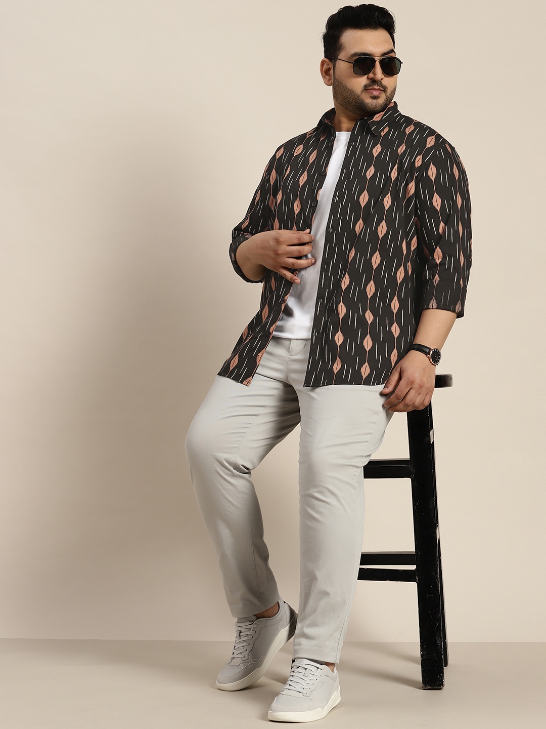 Sztori Men Plus Size Pure Cotton Ethnic Motifs Printed Casual Shirt, Black