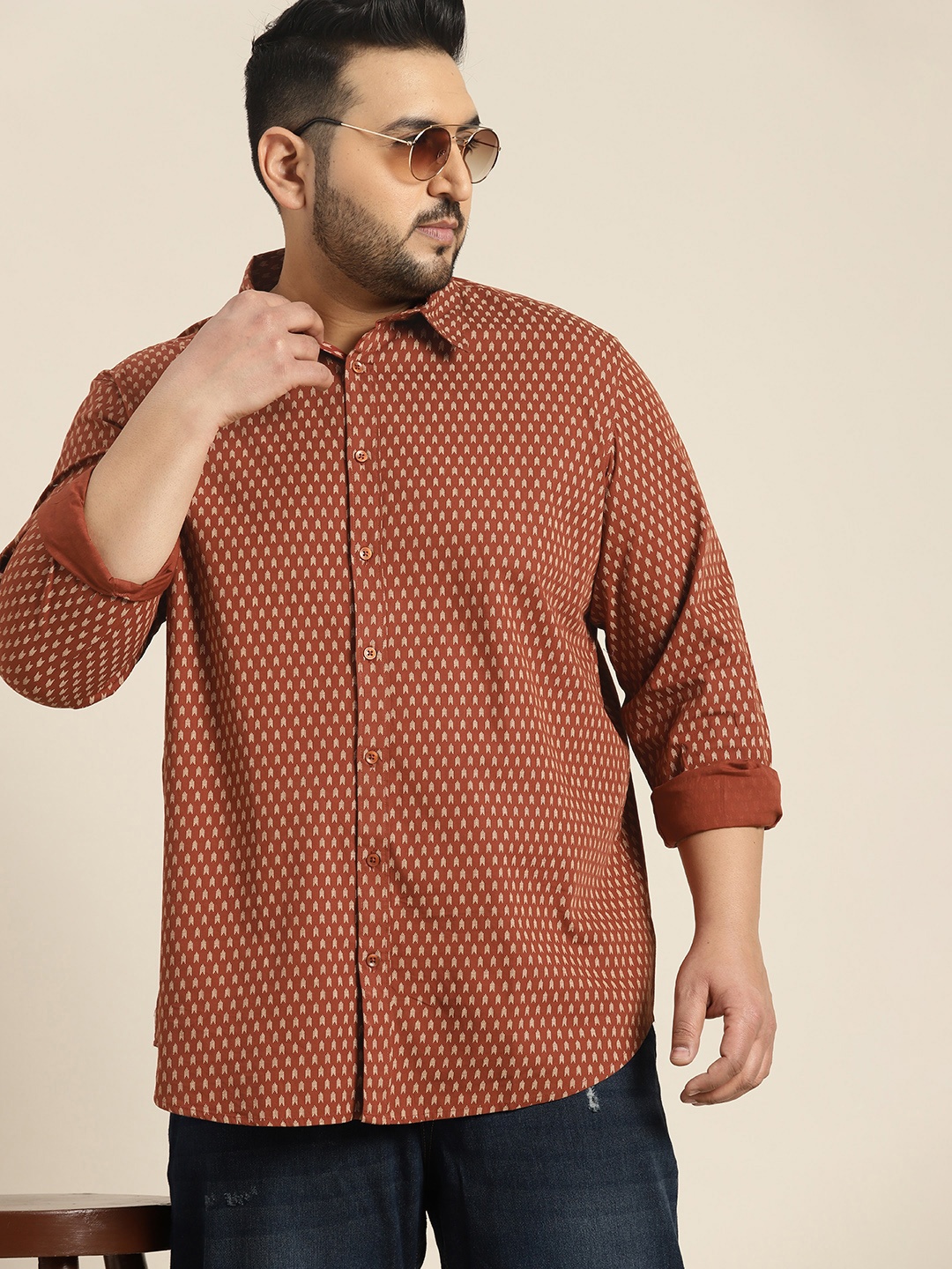

Sztori Plus Size Printed Pure Cotton Casual Shirt, Rust