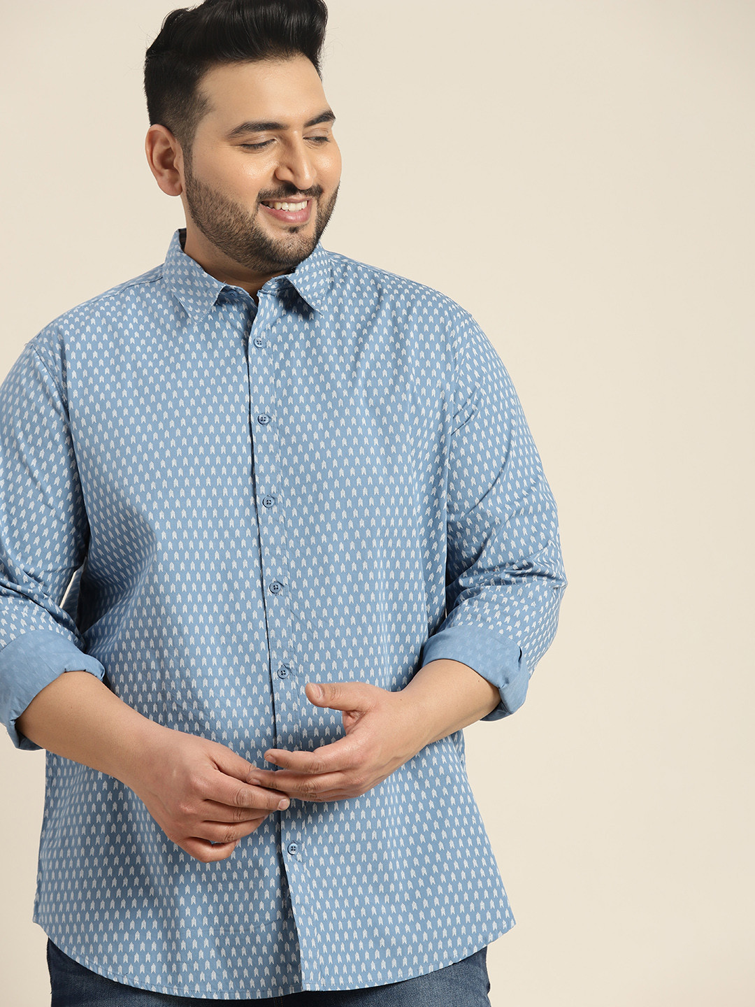 

Sztori Plus Size Printed Pure Cotton Casual Shirt, Blue