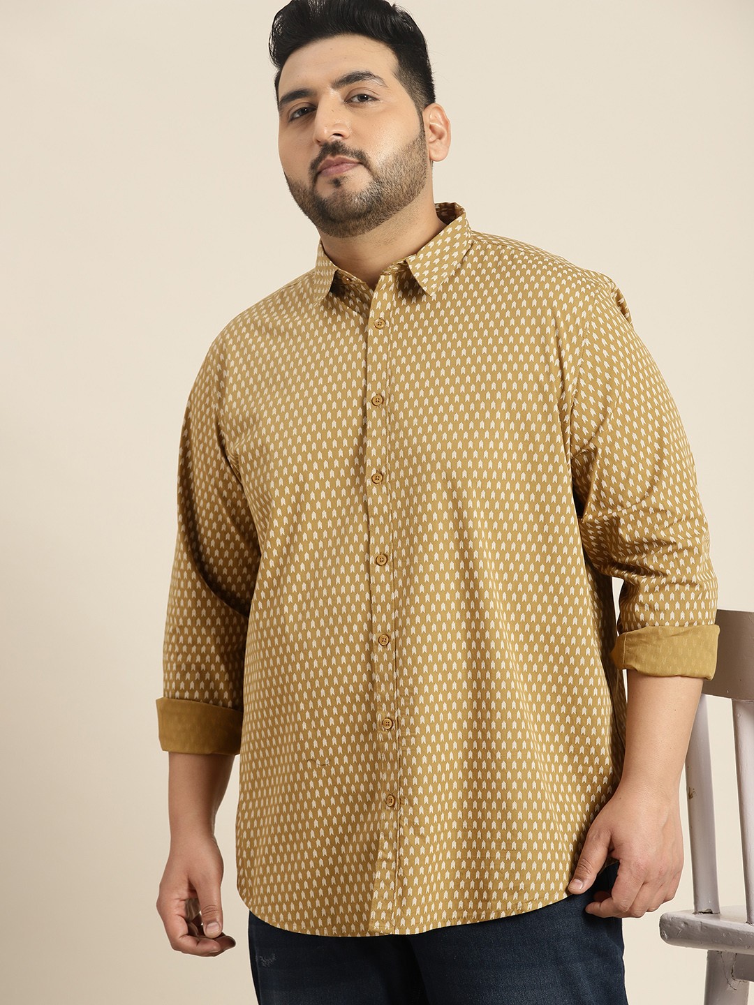 

Sztori Plus Size Printed Pure Cotton Casual Shirt, Olive