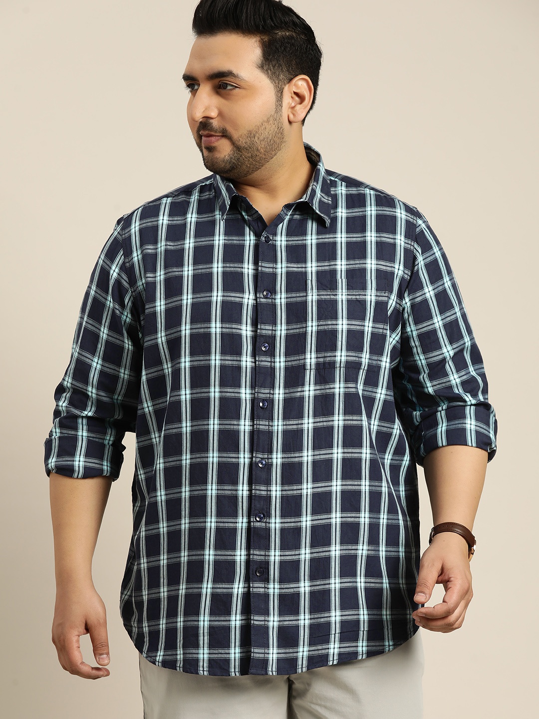 

Sztori Plus Size Pure Cotton Checked Casual Shirt, Navy blue