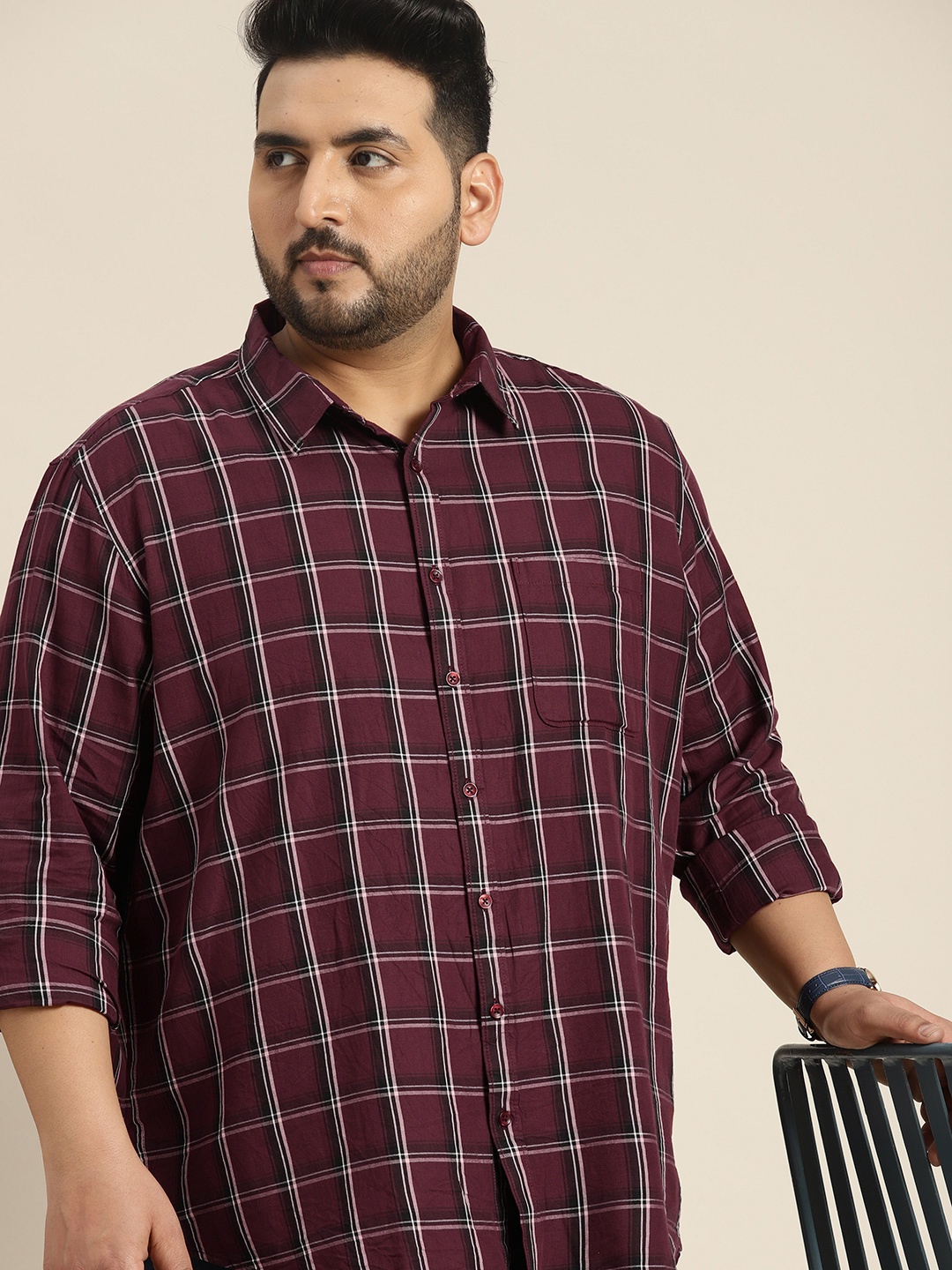 

Sztori Plus Size Cotton Grid Tattersall Checked Casual Shirt, Maroon