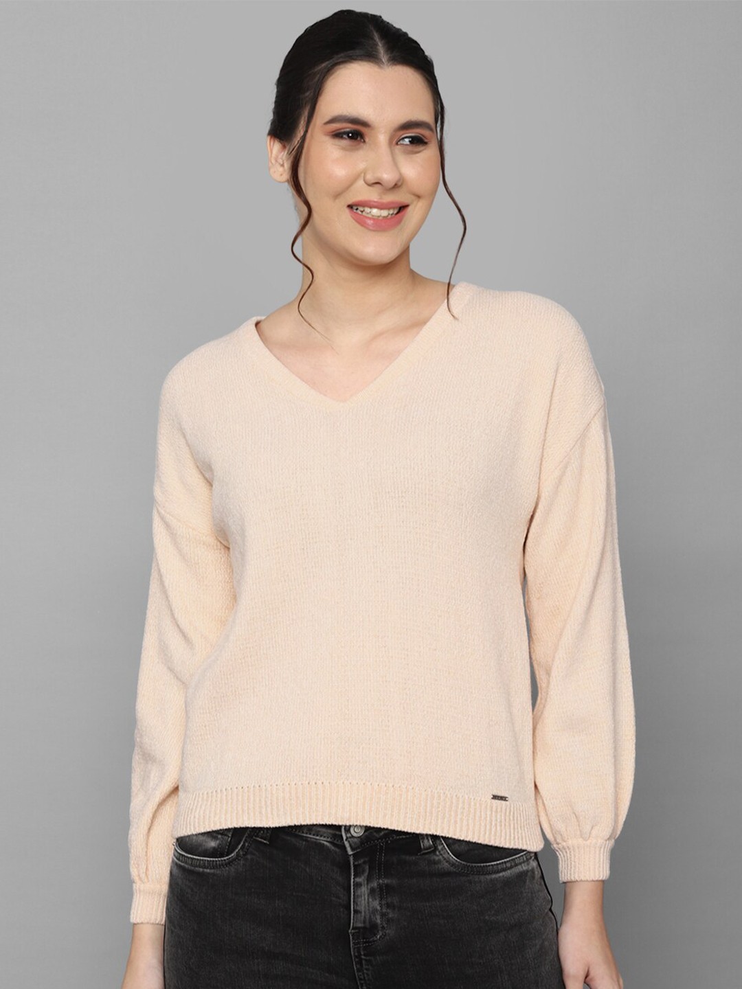 

Allen Solly Woman Cream Solid Pullover Cotton Sweater
