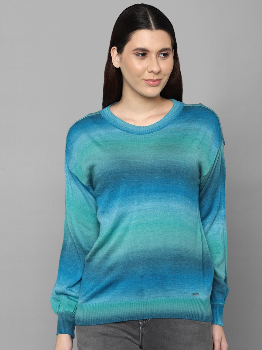 

Allen Solly Woman Women Green & Blue Colourblocked Pullover Pure Cotton Sweater