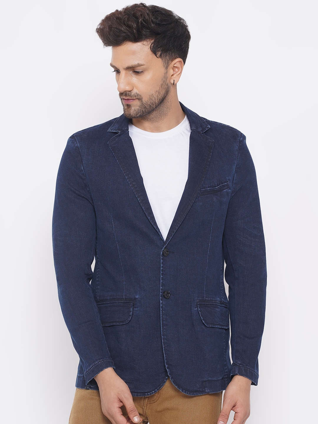 

John Pride Men Blue Solid Single-Breasted Denim Blazers