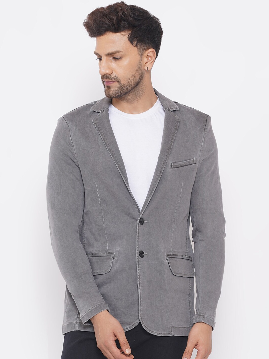 

John Pride Men Grey Solid Single-Breasted Comfort-Fit Denim Blazers