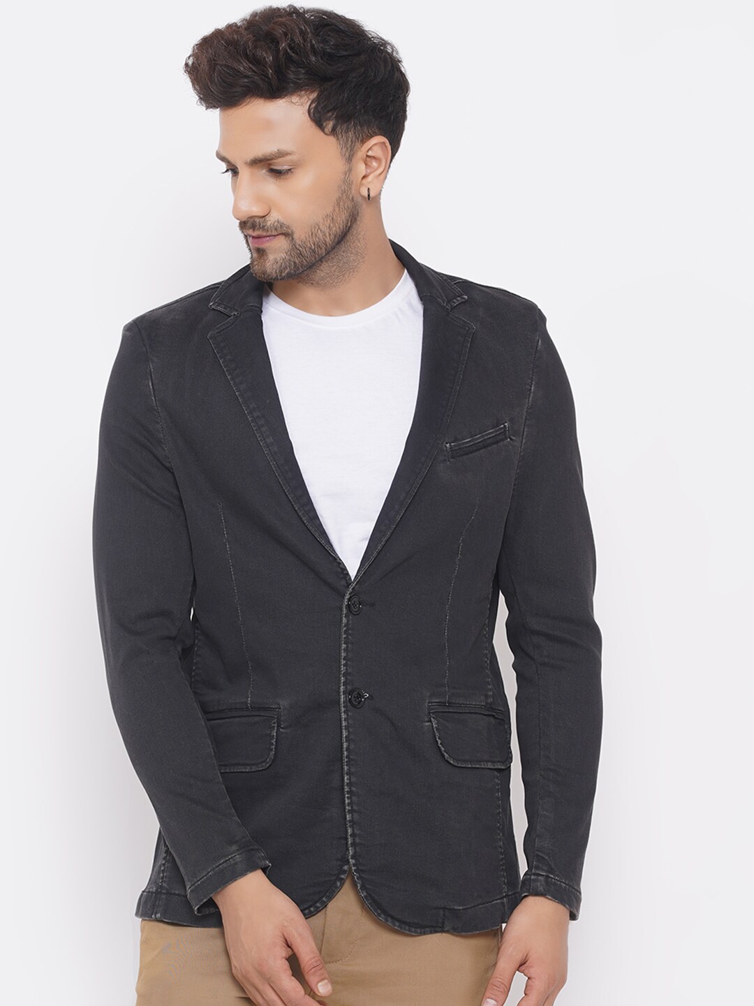 

John Pride Men Black Solid Single Breasted Denim Blazer