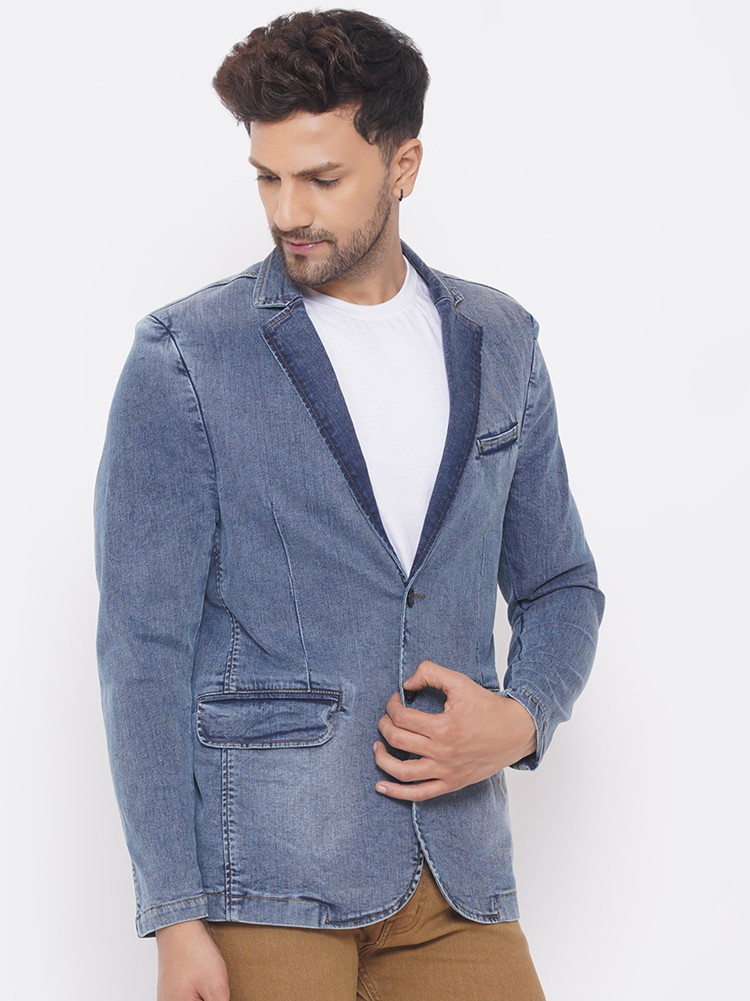 

John Pride Men Blue Solid Single-Breasted Denim Blazers