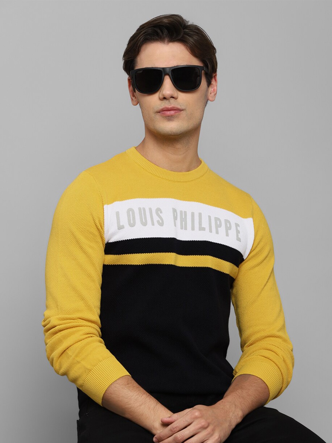 

Louis Philippe Sport Men Black & Yellow Colourblocked Pullover Pure Cotton Sweater
