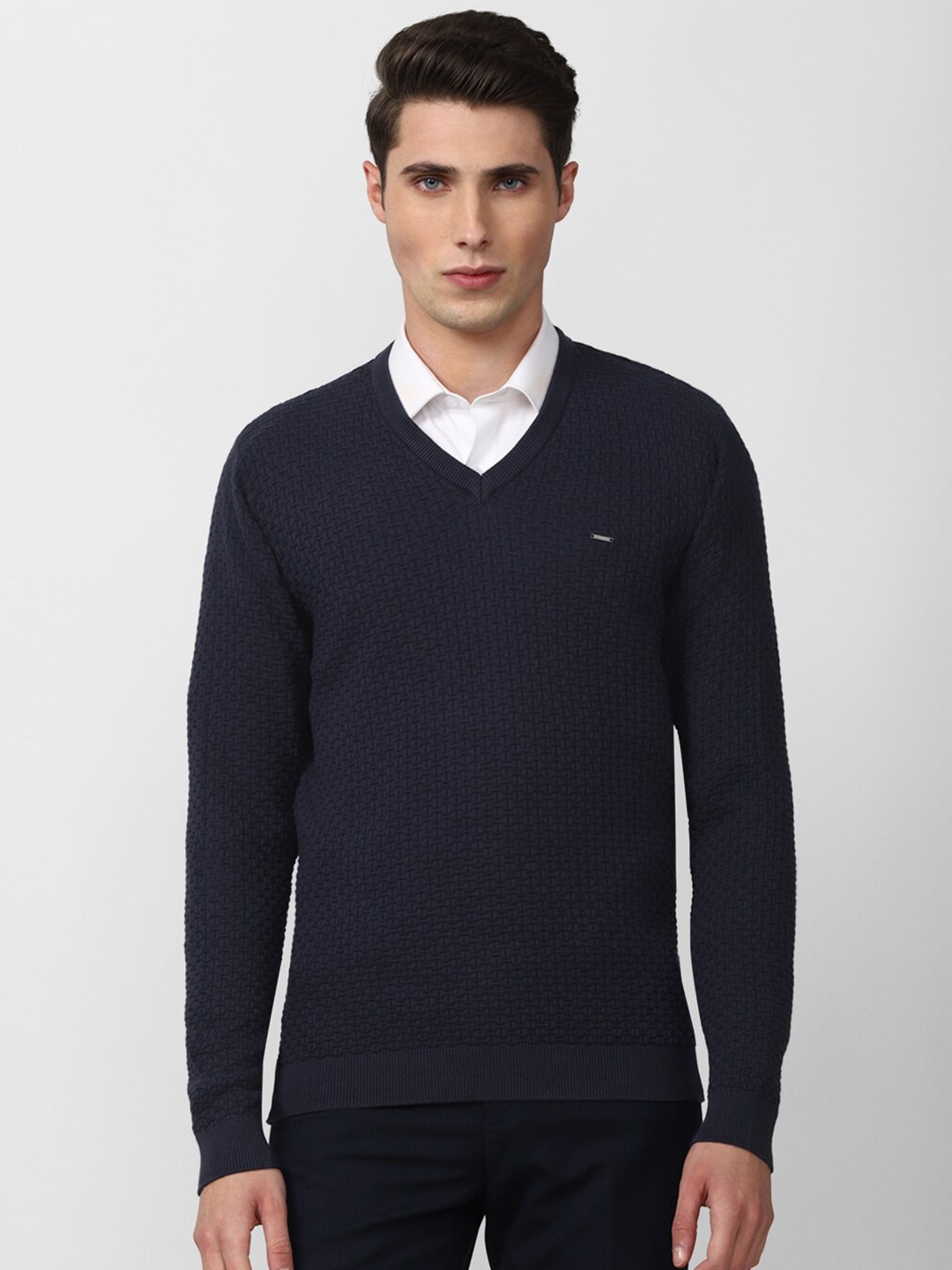 

Van Heusen Men Navy Blue Ribbed Cotton Pullover