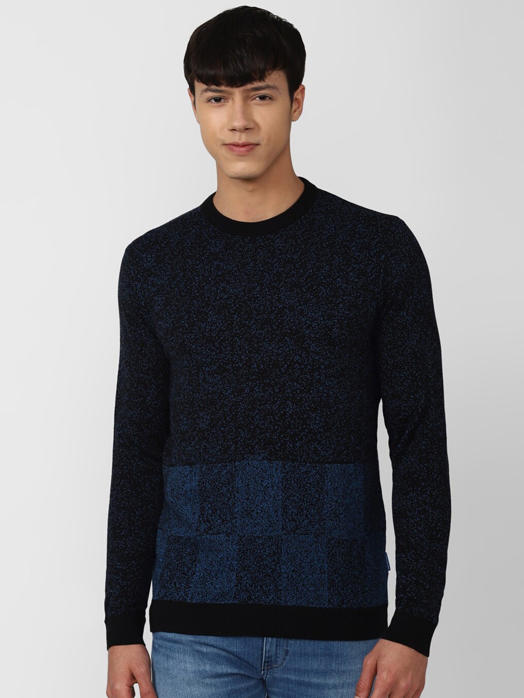 

VAN HEUSEN DENIM LABS Men Navy Blue Ribbed Cotton Pullover