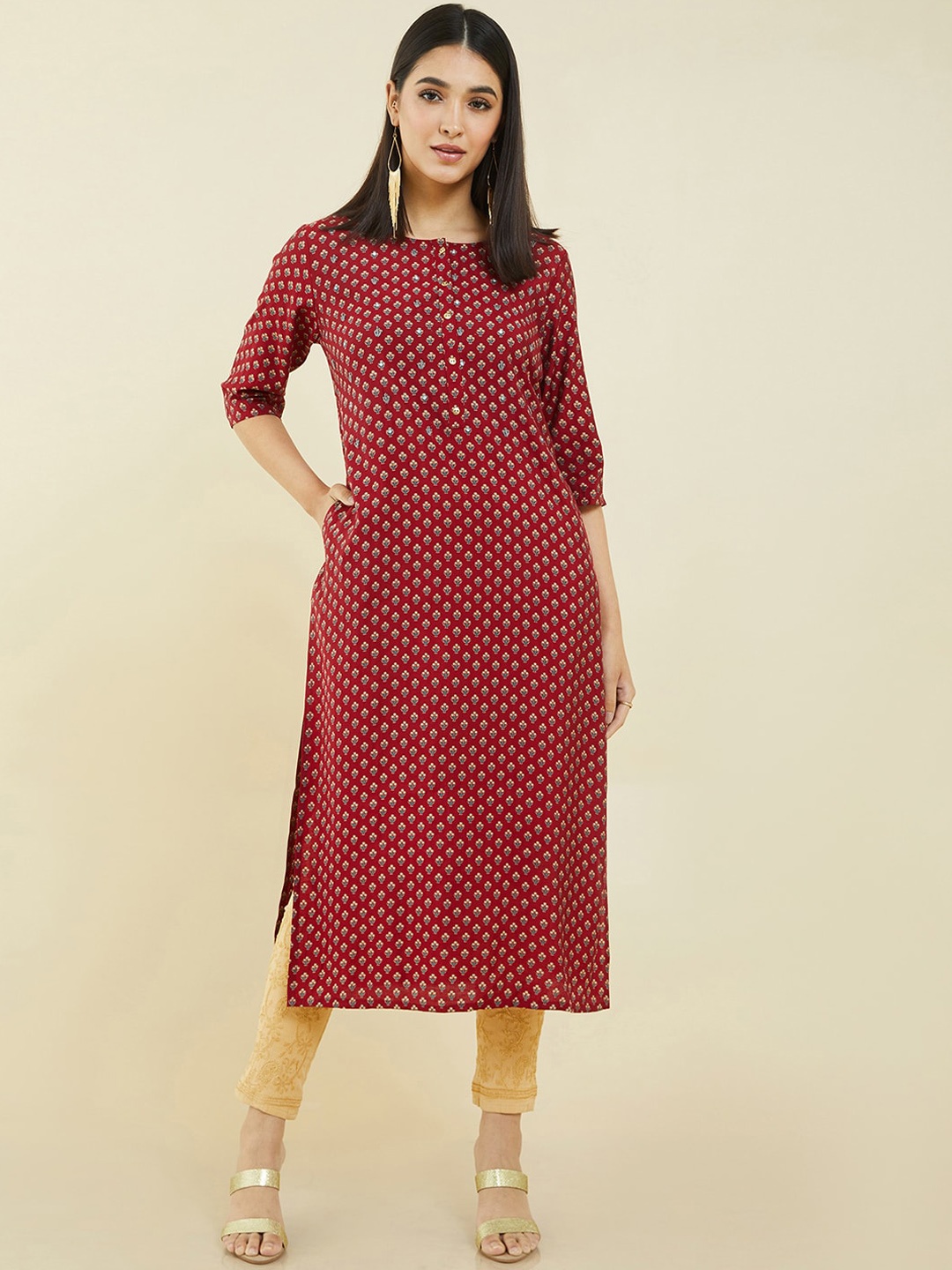 

Soch Women Maroon Ethnic Motifs Printed Kurta