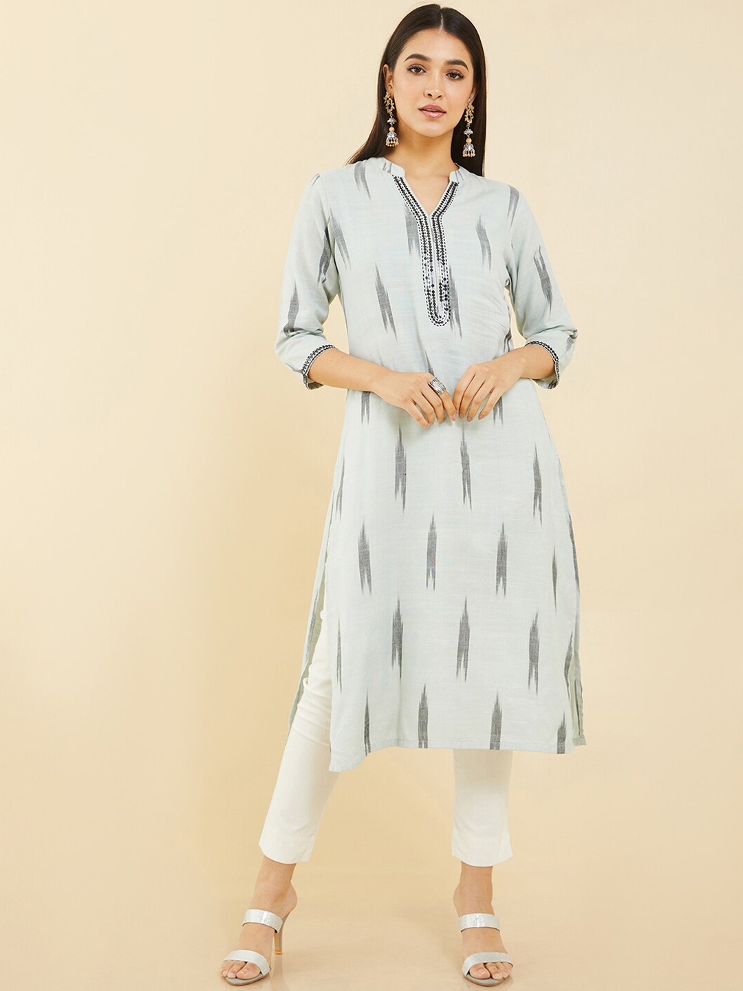 

Soch Band Collar Ethnic Motifs Printed Cotton Kurta, Blue