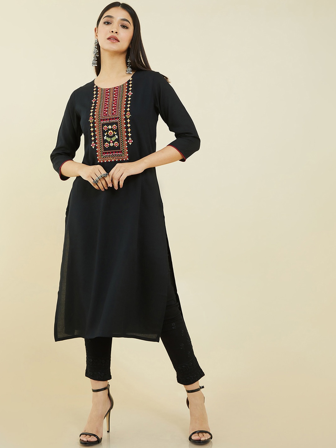 

Soch Floral Yoke Design Straight Regular Kurta, Black