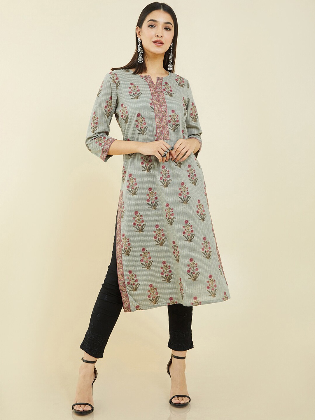 

Soch Floral Printed Notched Neck Straight Regular Kurta, Olive