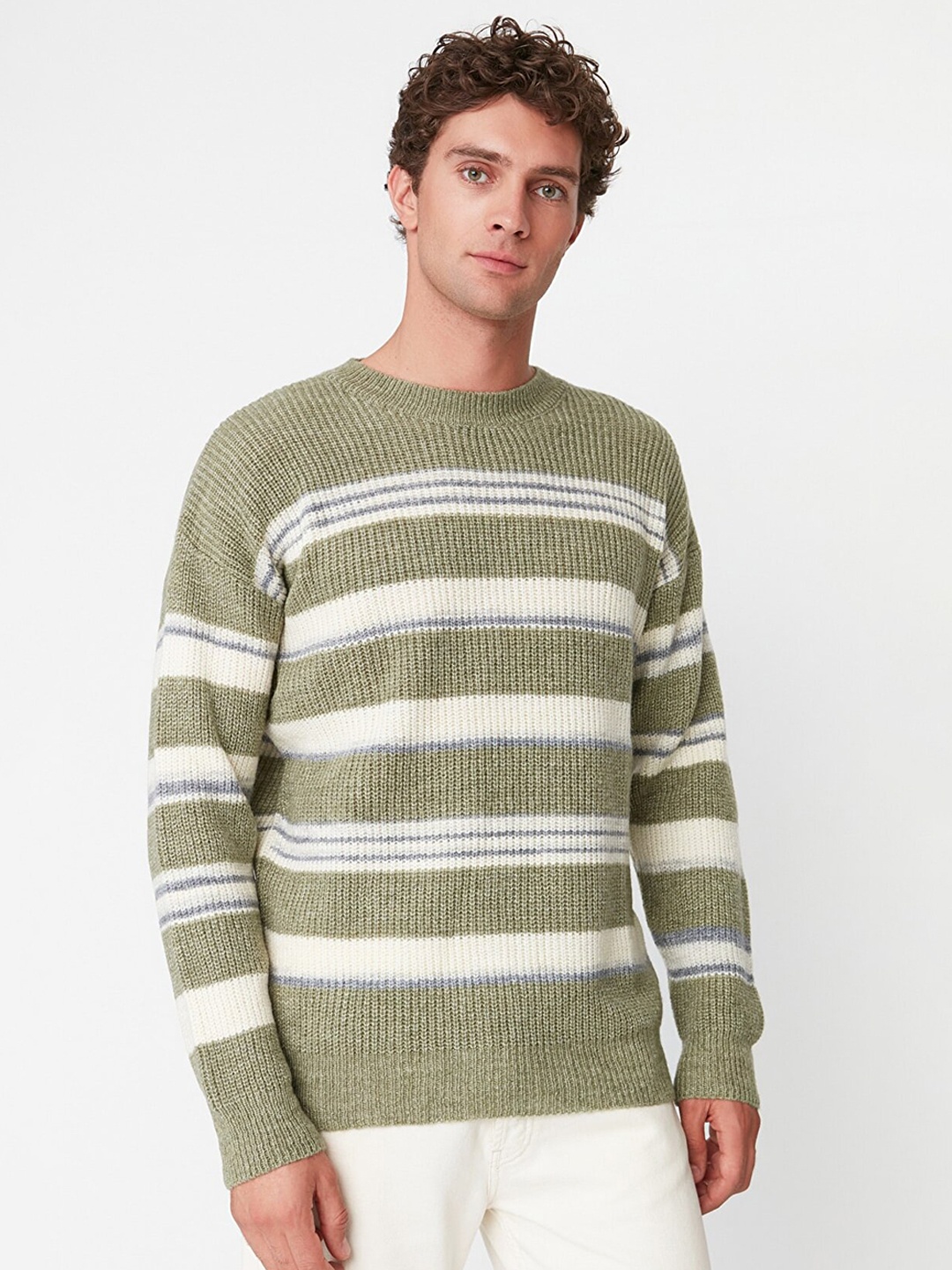 

Trendyol Men Green & Off White Striped Pullover