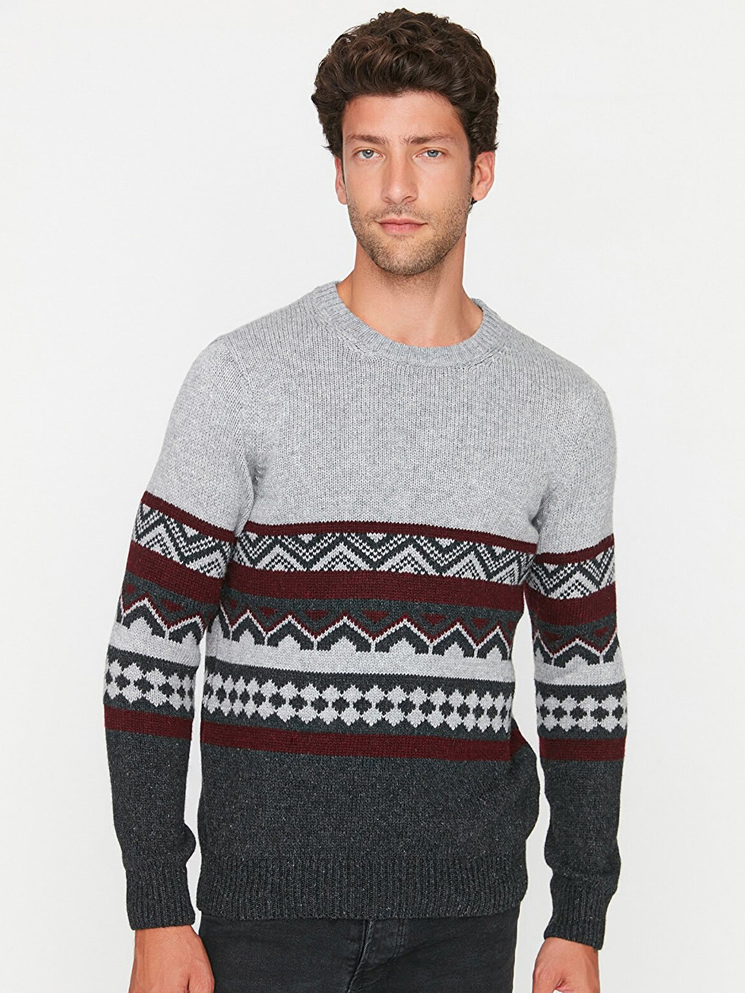 

Trendyol Men Geometric Printed Pullover, Grey