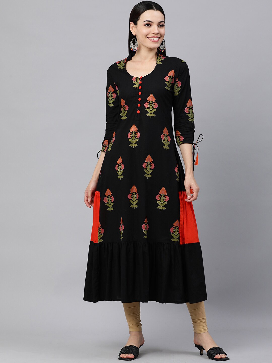 

HERE&NOW Women Black & Red Pure Cotton Ethnic Motifs Printed Kurta