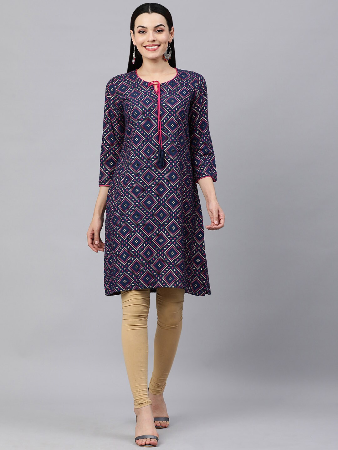 

HERE&NOW Blue & Pink Bandhani Printed Pure Cotton Kurti