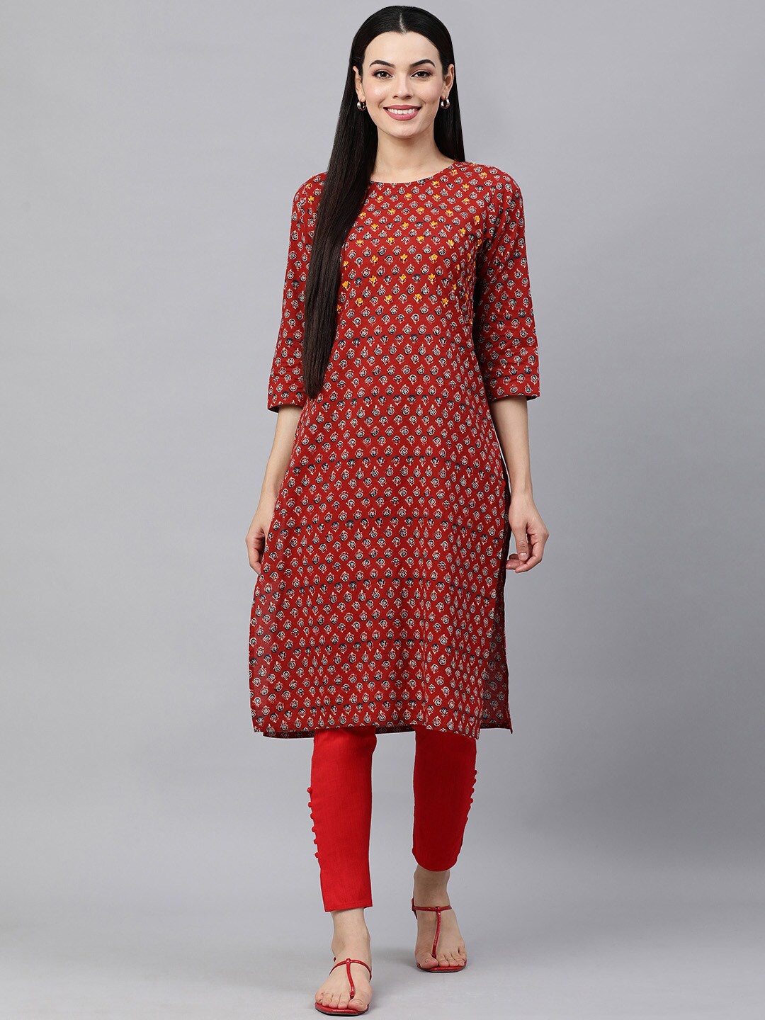 

HERE&NOW Floral Printed Straight Regular Pure Cotton Kurta, Red
