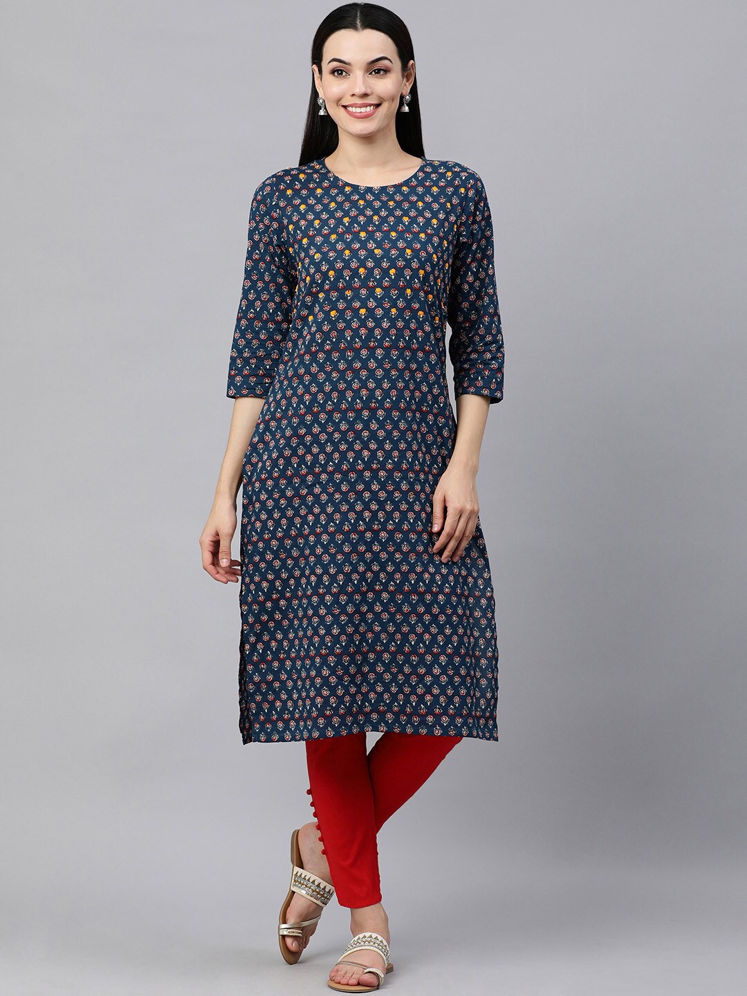 

HERE&NOW Women Blue Floral Pure Cotton Printed Kurta