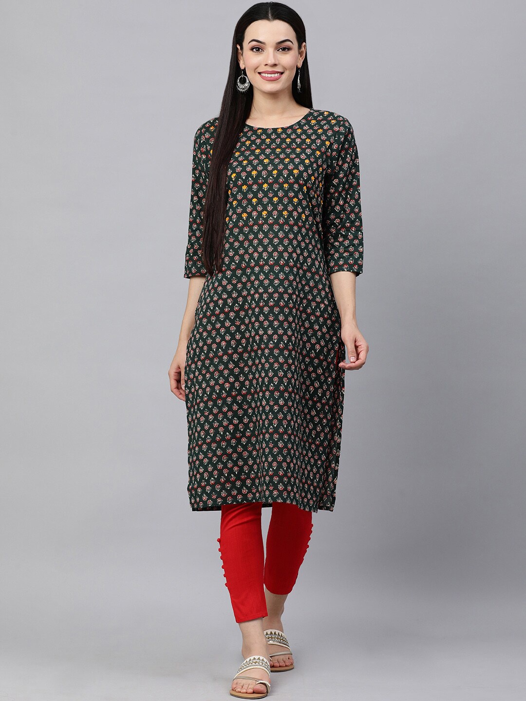 

HERE&NOW Women Floral Printed Pure Cotton Kurta, Green