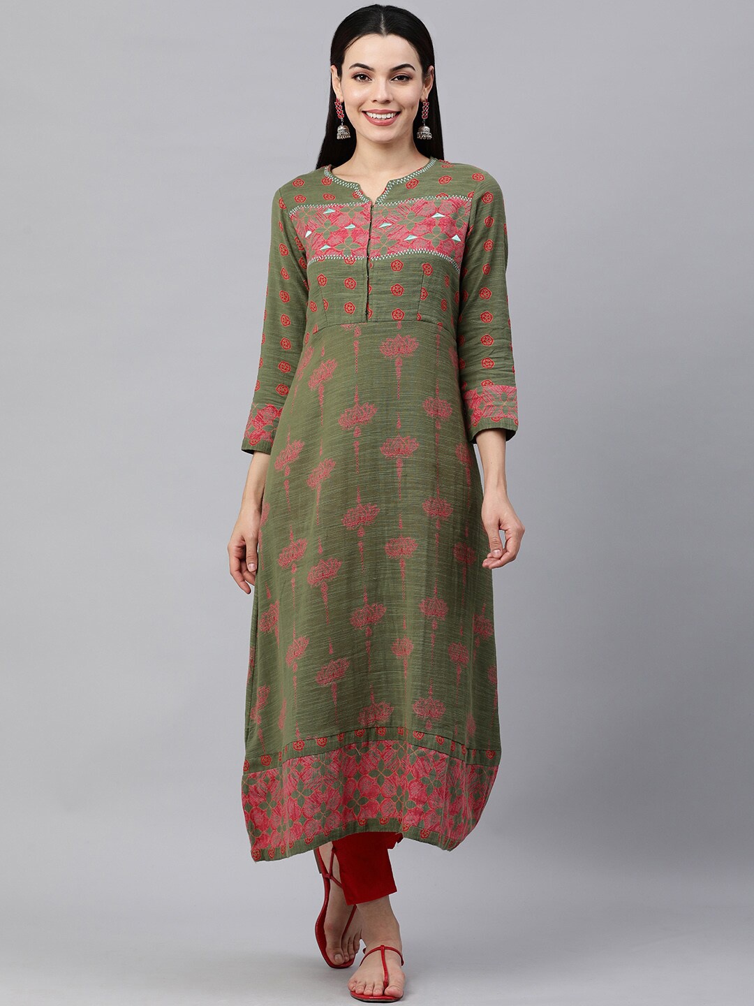 

HERE&NOW Women Green & Pink Floral Embroidered Thread Work Pure Cotton Kurta