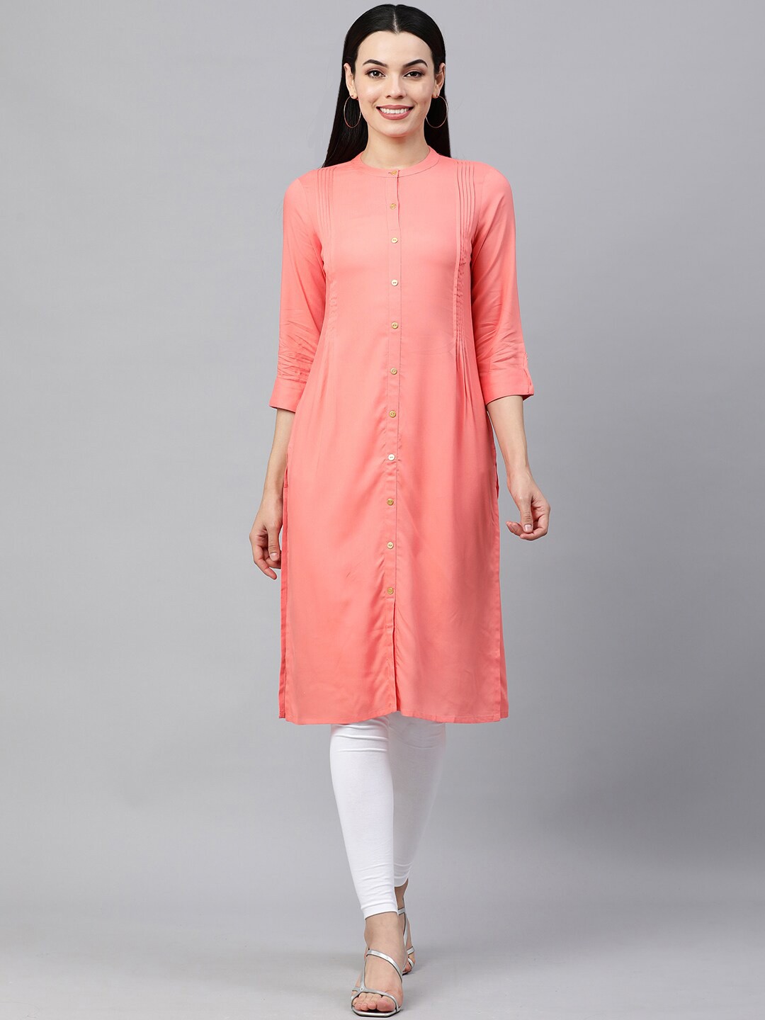 

HERE&NOW Band Collar Roll UP Sleeves Straight Kurta, Orange