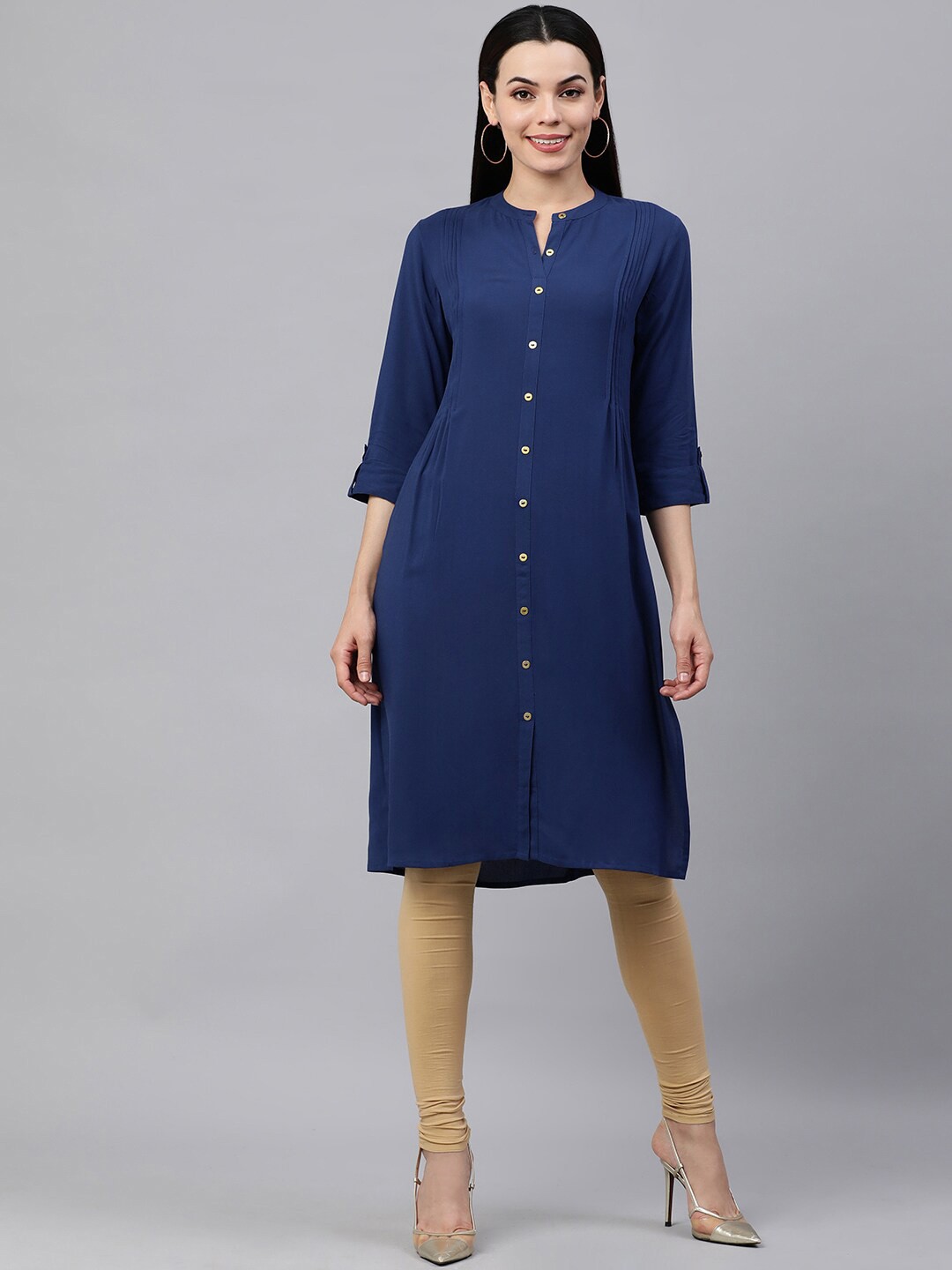 

HERE&NOW Band Collar Roll UP Sleeves Knee Length Kurta, Blue