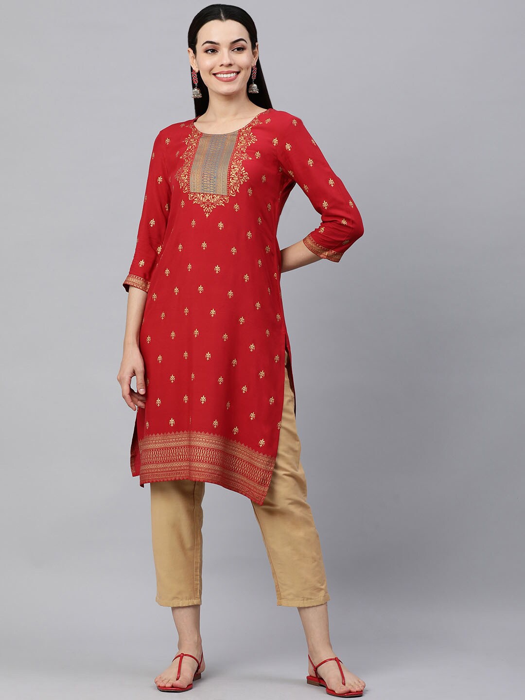 

HERE&NOW Ethnic Motifs Printed Kurta, Red