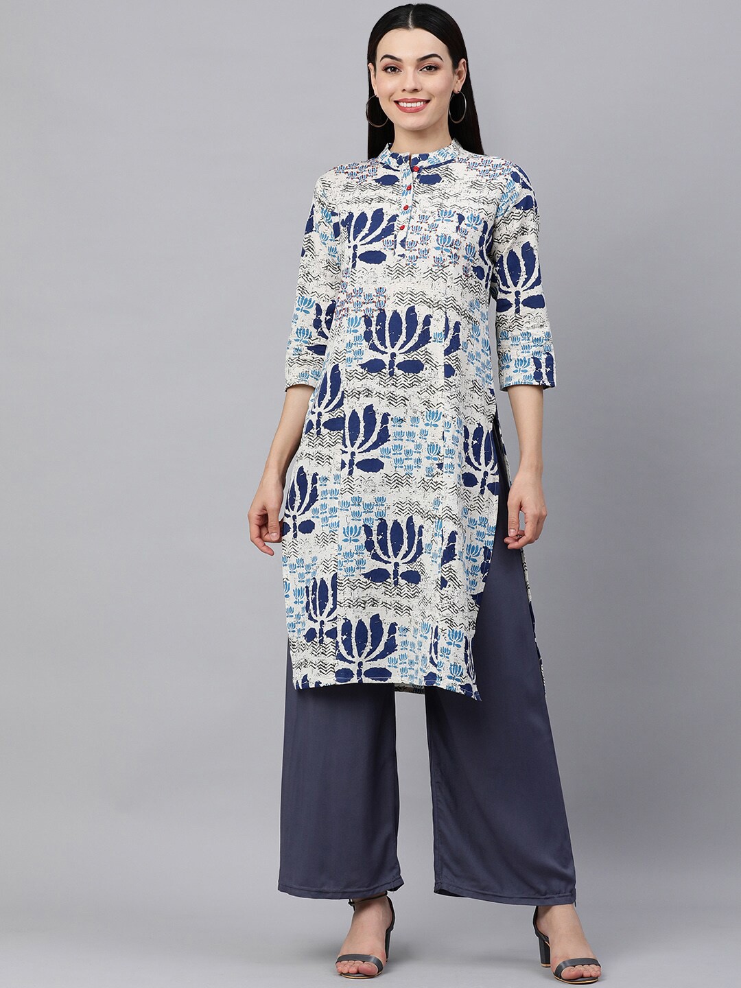 

HERE&NOW Women White & Blue Floral Printed Kurta