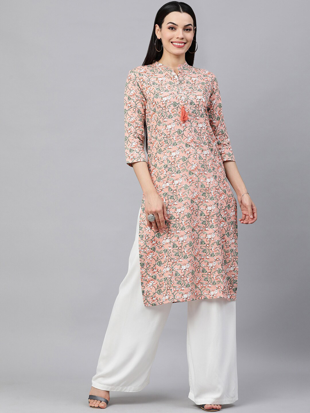 

HERE&NOW Women Floral Printed Cotton Kurta, Peach