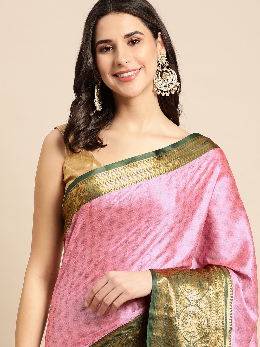 

FASHDEAL Pink & Gold-Toned Ethnic Motifs Pure Cotton Saree