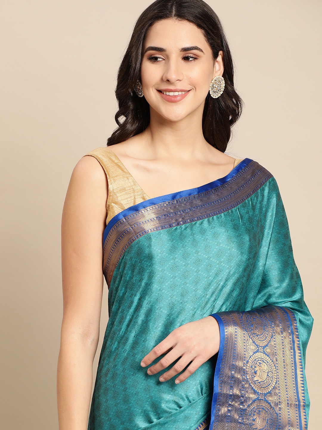

FASHDEAL Blue & Gold-Toned Ethnic Motifs Pure Cotton Saree