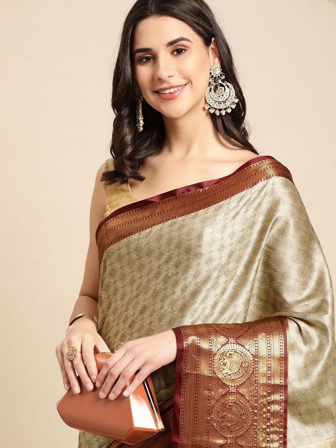 

FASHDEAL Beige & Gold-Toned Ethnic Motifs Pure Cotton Saree