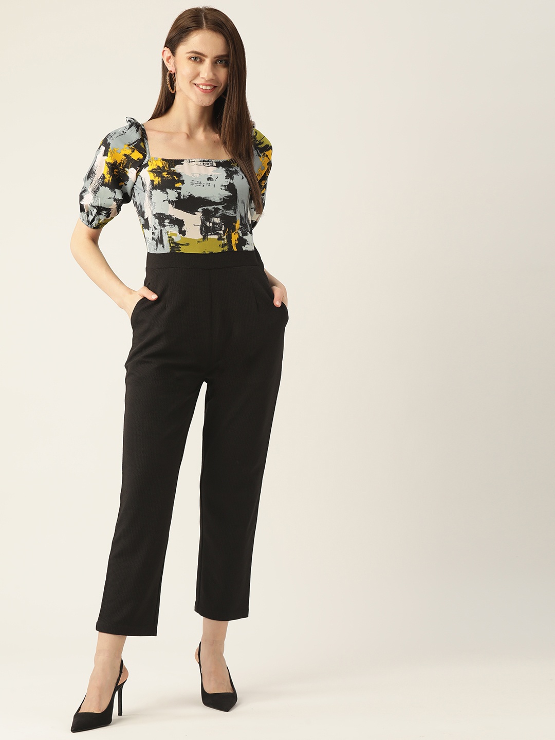 

Magnetic Designs Black Printed Puff Sleeves Basic Jumpsuit