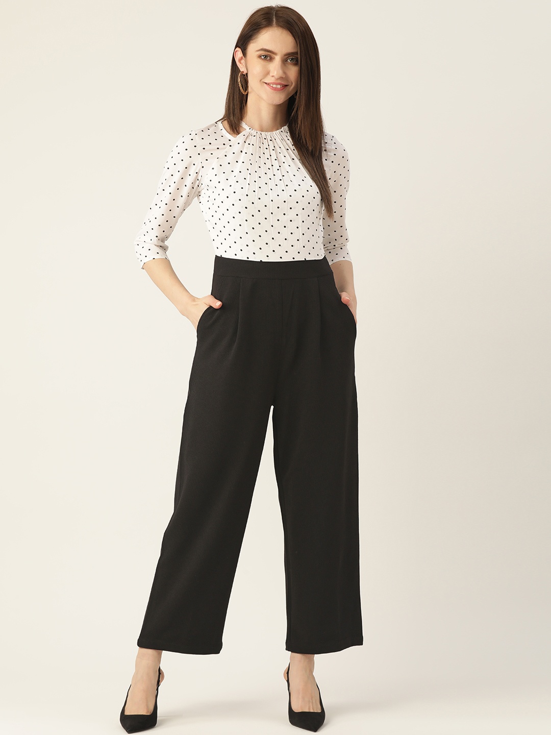

Magnetic Designs Black & White Polka Dot Printed Basic Jumpsuit