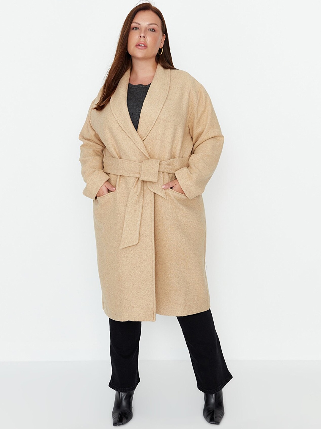 

Trendyol Women Plus Size Camel Brown Solid Longline Overcoats