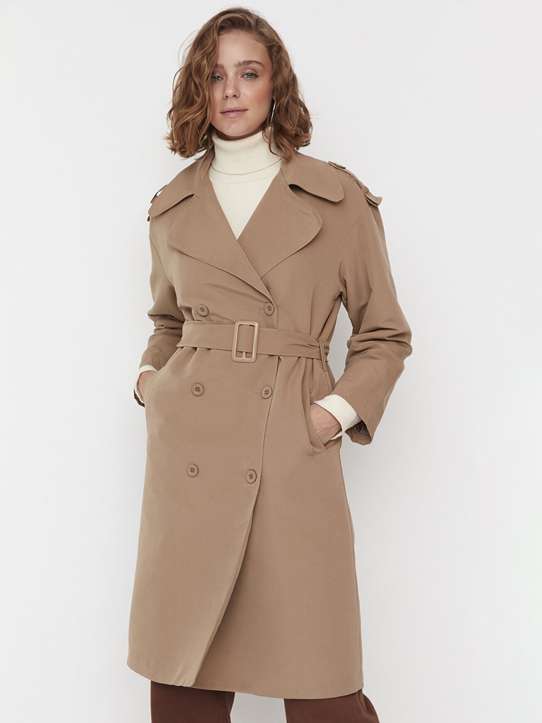 

Trendyol Women Brown Solid Double-Breasted Longline Overcoats