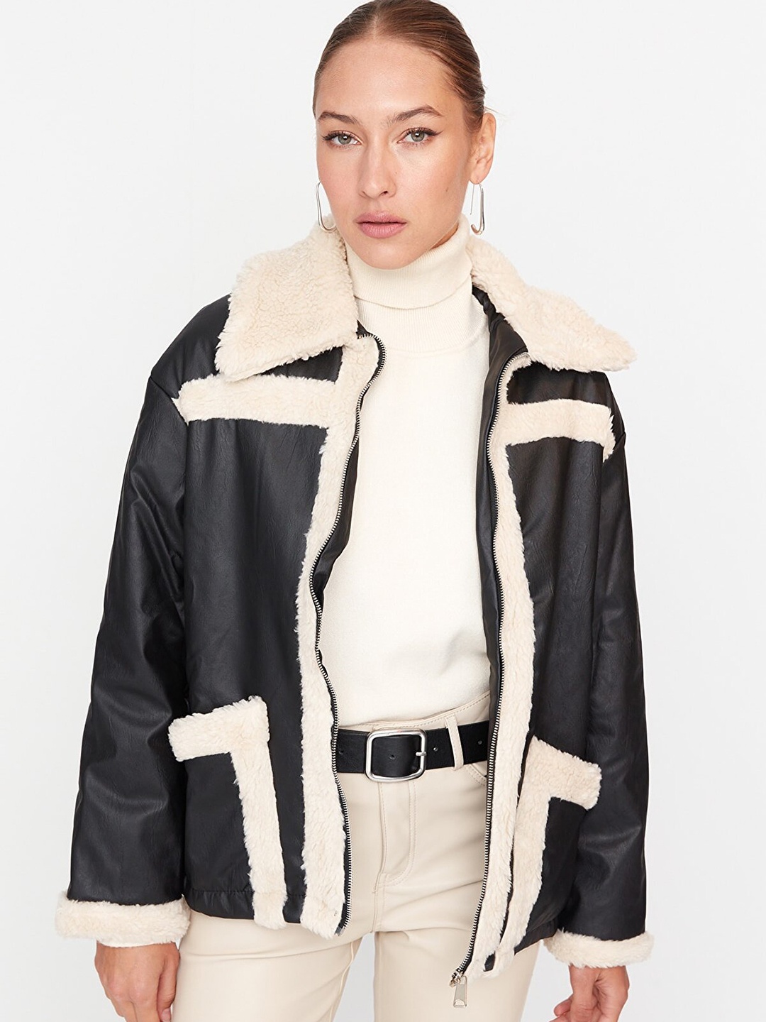 

Trendyol Women Black & Beige Self Design Bomber Jacket